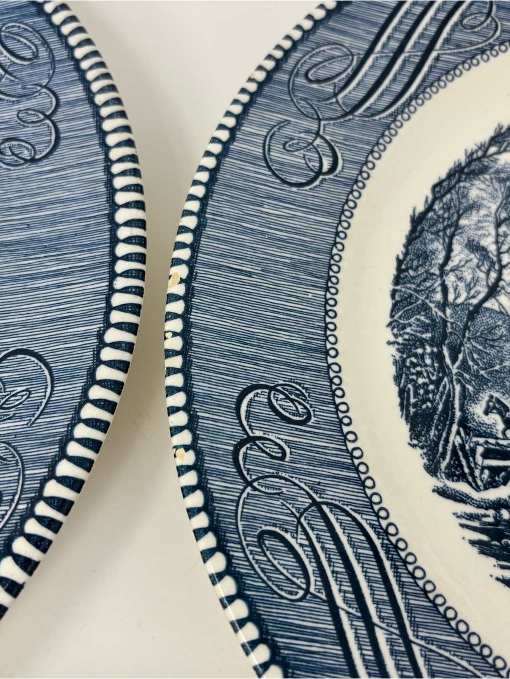 Currier & Ives Royal Blue 10" Dinner Plates Set of 3 Vintage Old Grist Mill USA - Picture 5 of 11